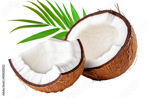 Fresh Coconut with Half and Leaves Isolated on transparent background