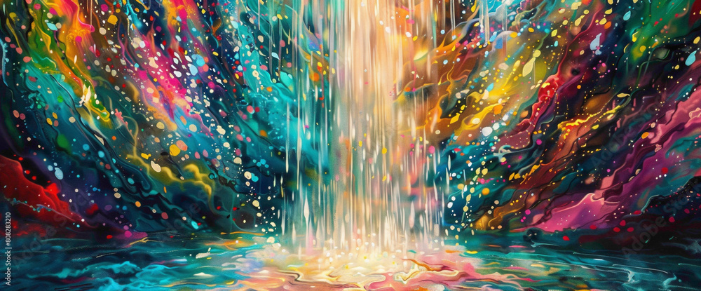 A vibrant cascade of colors spills forth, cascading down like a waterfall, filling the frame with an explosion of energy and movement that is both exhilarating and captivating.