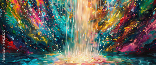 A vibrant cascade of colors spills forth, cascading down like a waterfall, filling the frame with an explosion of energy and movement that is both exhilarating and captivating. photo
