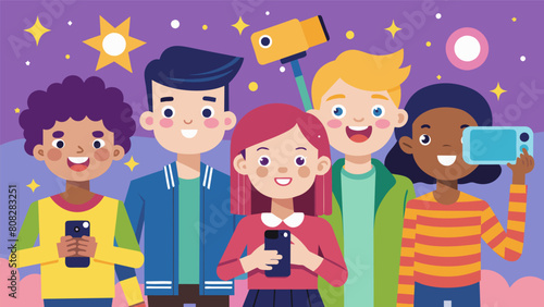With glittering backdrops and funky graphics a team of junior vloggers showcase the coolest and most practical phone accessories for young users.. Vector illustration