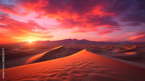 Desert dunes at sunset panorama. 3d render illustration