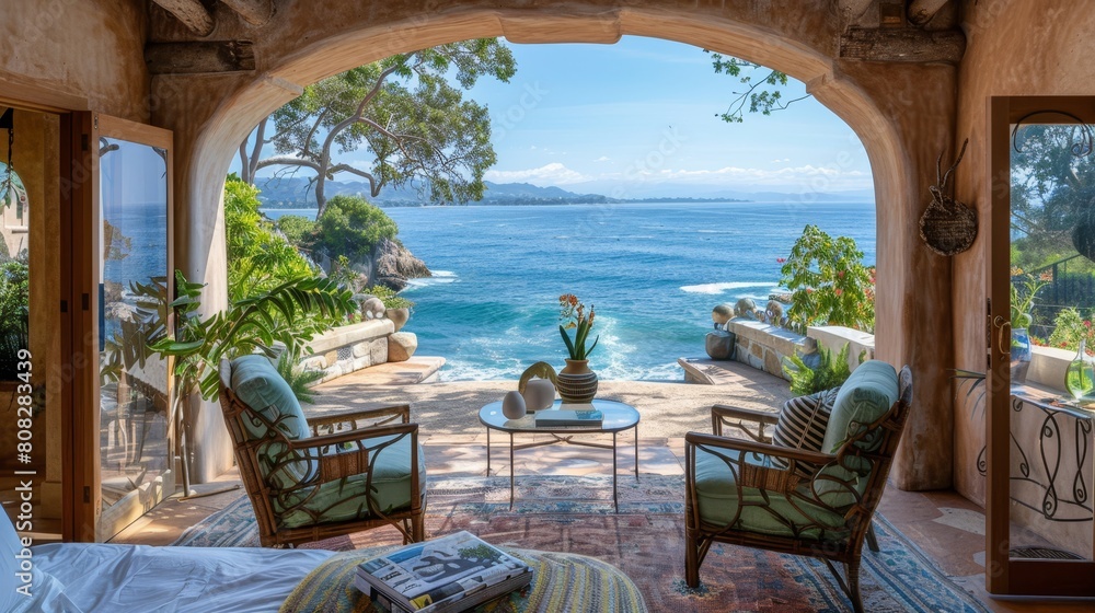 Bedroom with a stunning ocean view through an arched window, perfect for luxury real estate and vacation rentals.