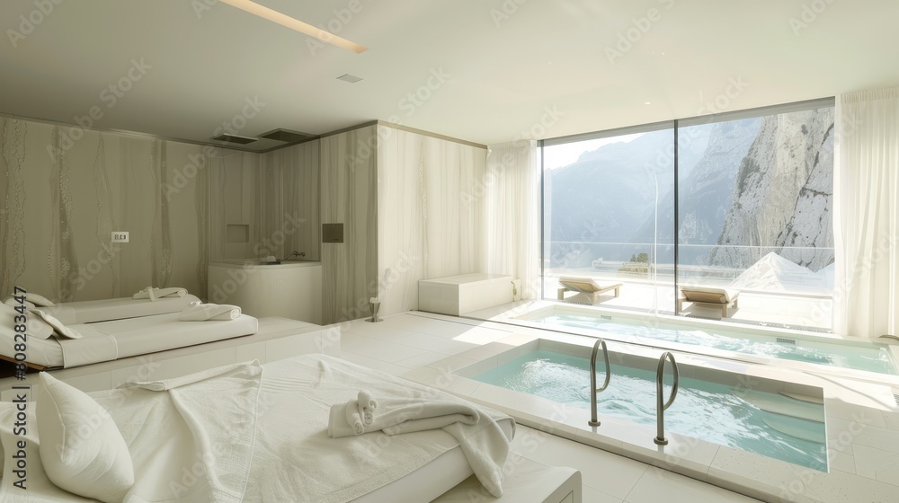 Spa treatment room with ocean views, ideal for luxury wellness resorts and therapeutic retreat marketing. Spa treatment room with ocean views, ideal for luxury wellness resorts and therapeutic retreat marketing.