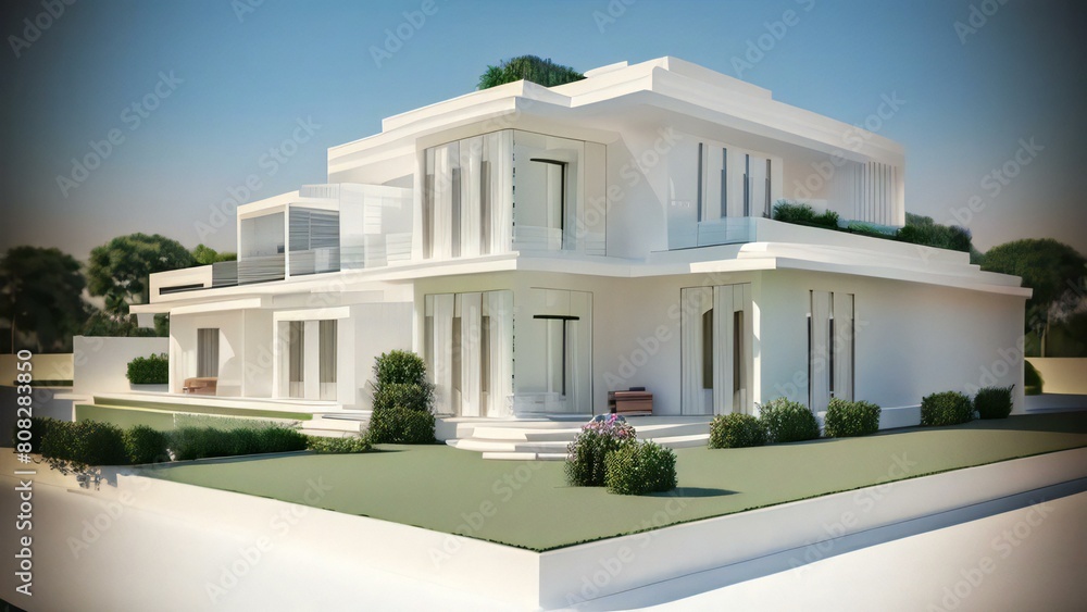 Fototapeta premium Modern luxury villa with white facade and green lawn at dusk.