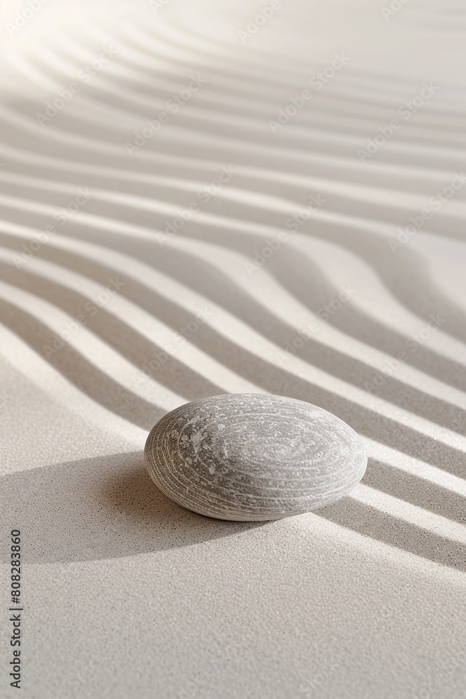 Obraz premium Photo of three smooth grey stones stacked on top of each other in the center, surrounded by white sand