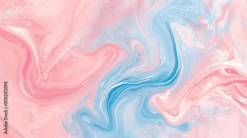  A close-up of a pink and blue fluid paint background featuring a white and blue swirl on the left side