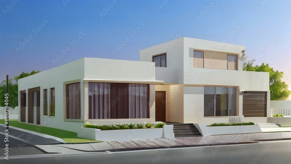 Modern suburban house at dusk with illuminated windows and neat landscaping.