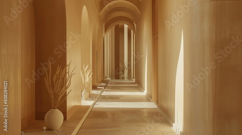 Sunlit hallway with tropical plants and golden hues  suitable for architectural design and wellness retreat publications.