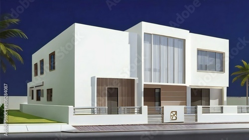 Modern two-story white house with large windows and a balcony  against a clear sky.
