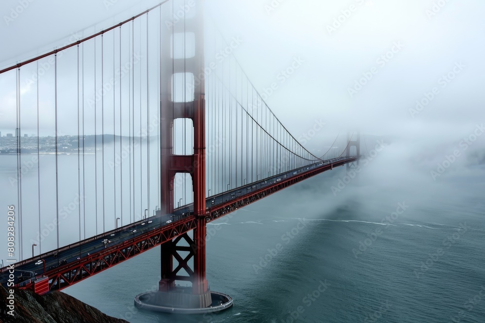 The Golden Gate Bridge idea is shrouded in fog, AI-generated