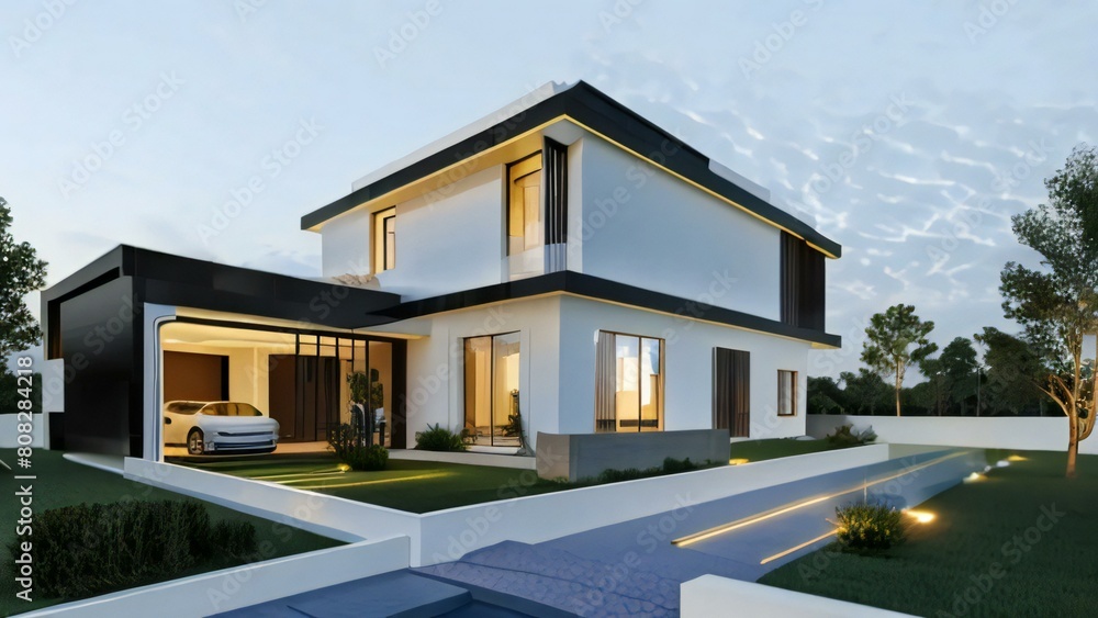 Modern two-story house with illuminated interior and exterior at dusk, featuring a garage and landscaped garden. Modern two-story house with illuminated interior and exterior at dusk, featuring a garage and landscaped garden.