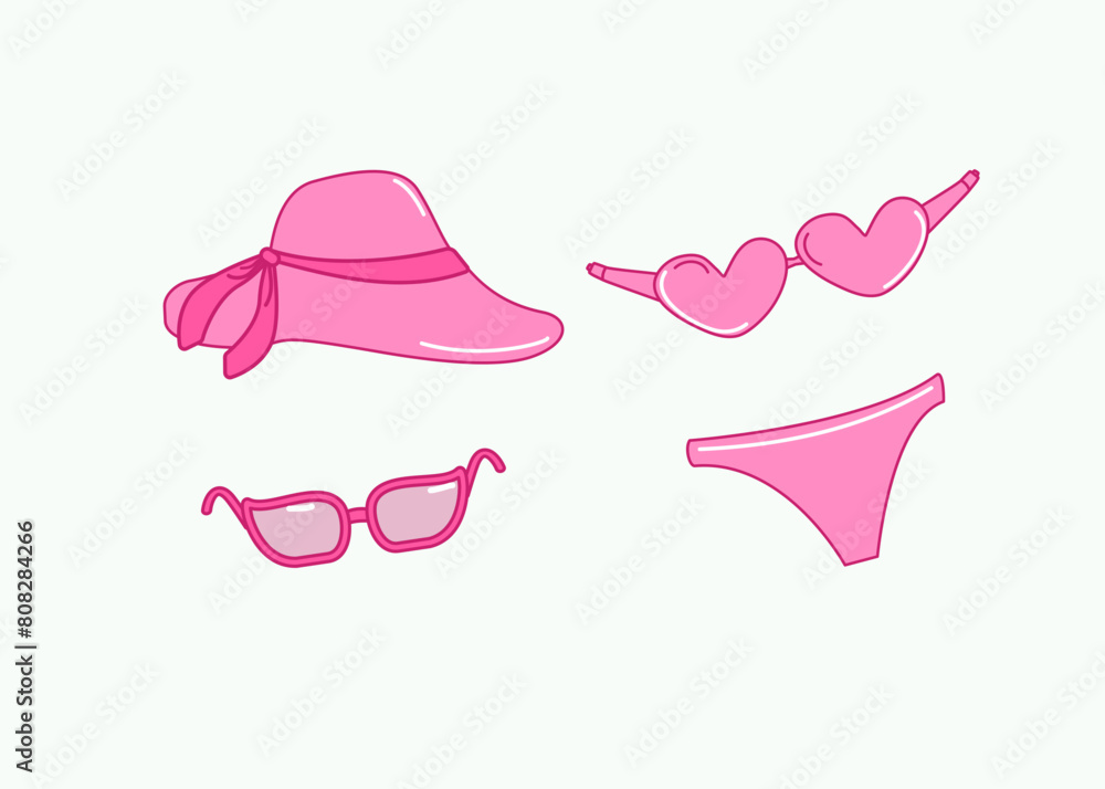 Set of pink beach accessories. Sunglasses, swimsuit, hat. Drawn icons, doodle. Summer holiday at sea, vacation. Vector illustration on isolated background. Set of pink beach accessories. Sunglasses, swimsuit, hat. Drawn icons, doodle. Summer holiday at sea, vacation. Vector illustration on isolated background.