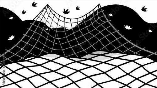 Thick black netting pulled taut over the entire site creating a clear boundary and keeping objects from falling outside the work area.. Vector illustration