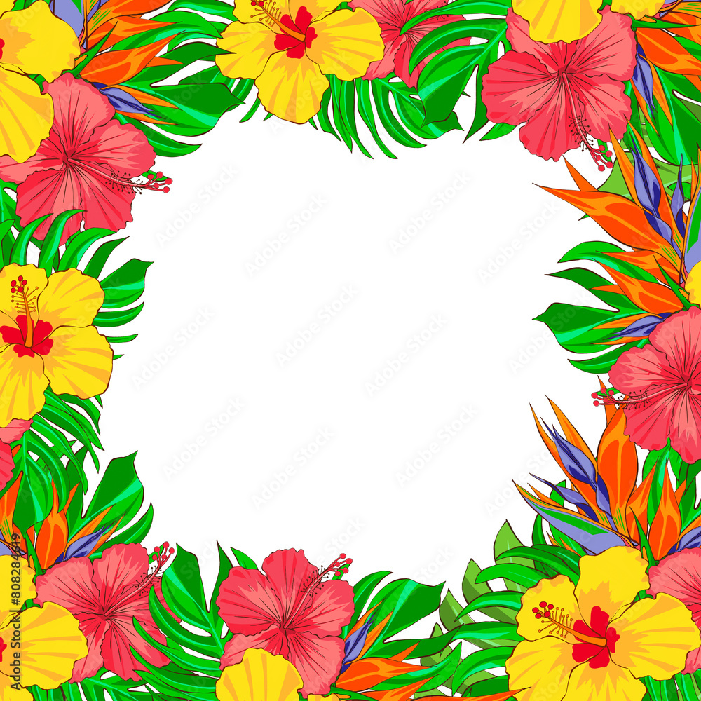 Obraz premium Floral template of tropical red and yellow flowers and leaves, hand drawn illustration on a white background. Exotic flowers and monstera leaves. Design for invitation, greeting card and banner.