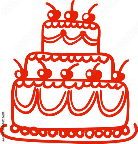 Wedding cake in vintage classic style with cherries. Isolated illustration in red color. A holiday dessert in a whimsical hand-drawn style. Suitable for invitations, posters, banners