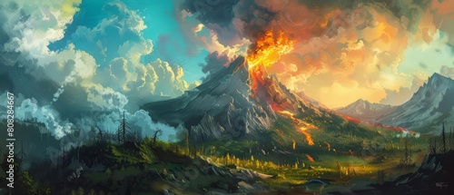 Fantasy landscape of a volcanic eruption  capturing the dynamic and powerful essence of nature in classic styles color