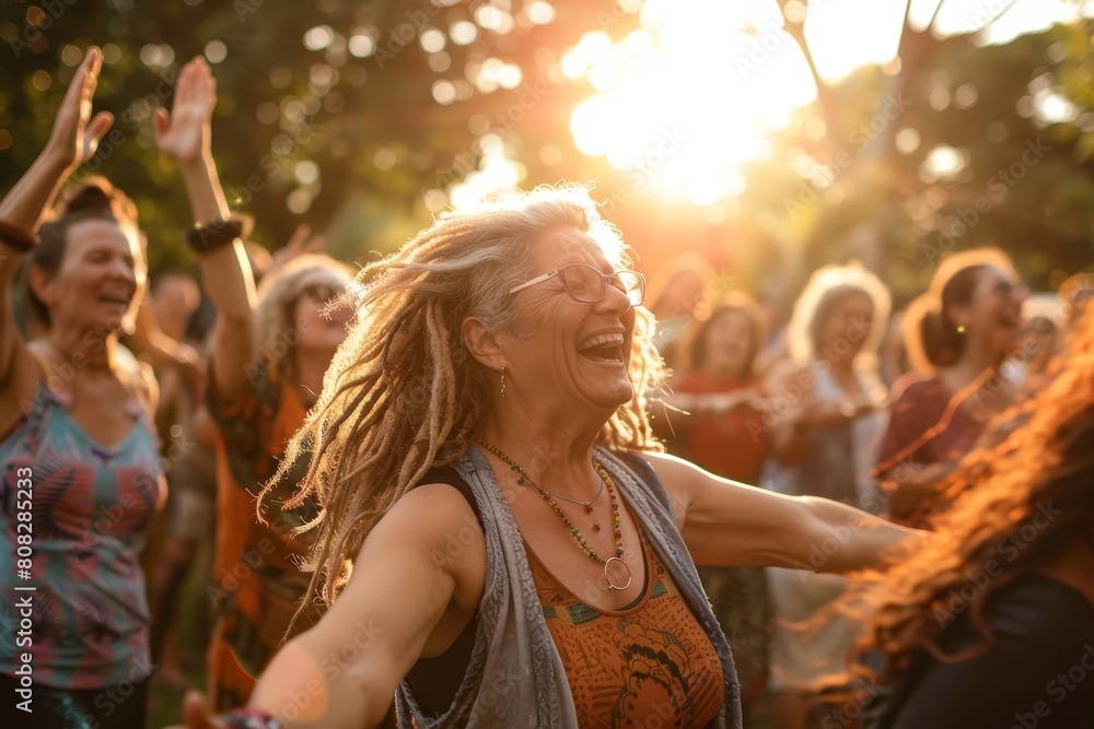 Obraz premium Embracing Diversity and Joy: People of All Sizes Enjoying a Laughter Yoga Class Outdoors