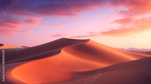 Panorama of sand dunes at sunset, Sahara desert, Morocco