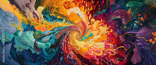 A whirlwind of vibrant colors swirls and twirls, intertwining to form a mesmerizing tapestry that radiates with the pulsating energy of a kaleidoscope.