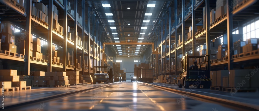 Inside a warehouse, forklifts busily arrange boxes, optimizing space and time for upcoming deliveries