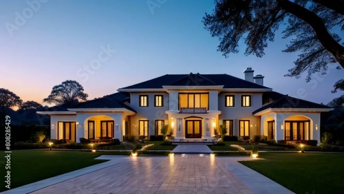 Luxurious suburban home exterior at twilight with illuminated windows and a manicured lawn.