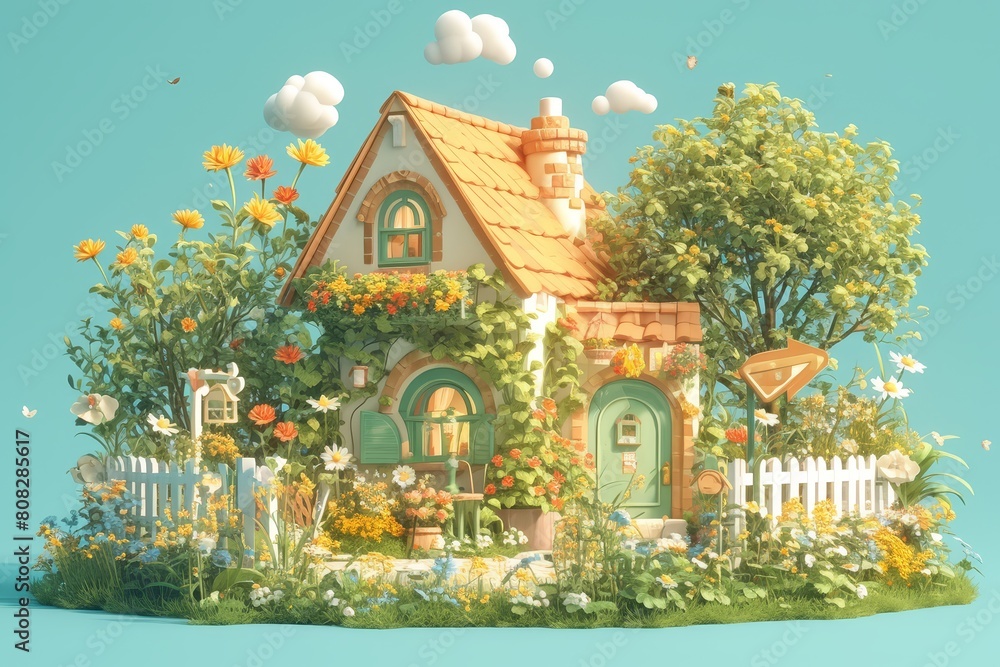 adorable little cottage surrounded by flowers and garden