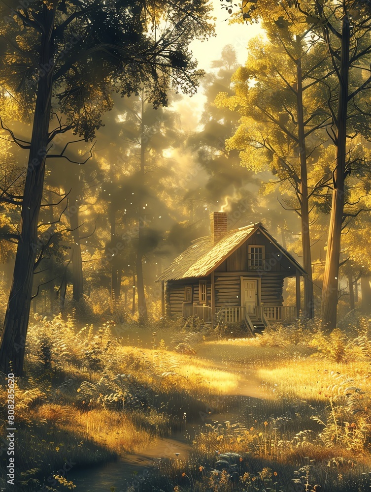 A small, cozy cabin nestled deep within a lush, sun-dappled forest. The cabin is surrounded by tall, majestic trees and a variety of colorful wildflowers. A small, cozy cabin nestled deep within a lush, sun-dappled forest. The cabin is surrounded by tall, majestic trees and a variety of colorful wildflowers.