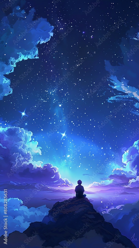 A boy sits on a cliff, looking out at the starry night sky A boy sits on a cliff, looking out at the starry night sky