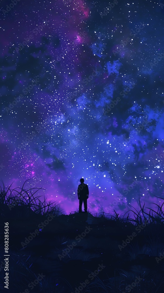 A boy stands on a hilltop, looking up at the starry night sky. The Milky Way stretches across the sky, and the boy is filled with wonder at the beauty of the universe.