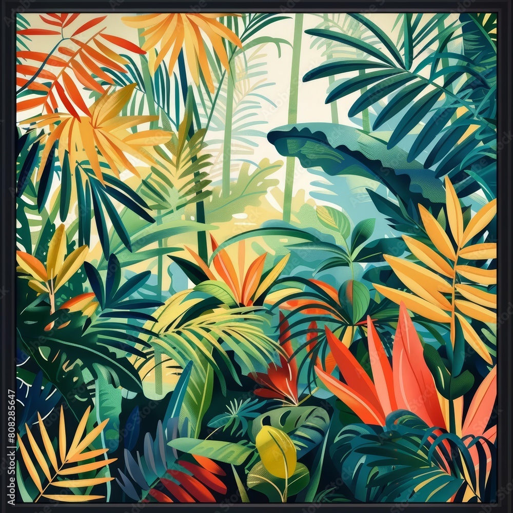 Mystery landscape of a dense jungle, weaving through the wild undergrowth in solid color, framed as an illustration template Mystery landscape of a dense jungle, weaving through the wild undergrowth in solid color, framed as an illustration template