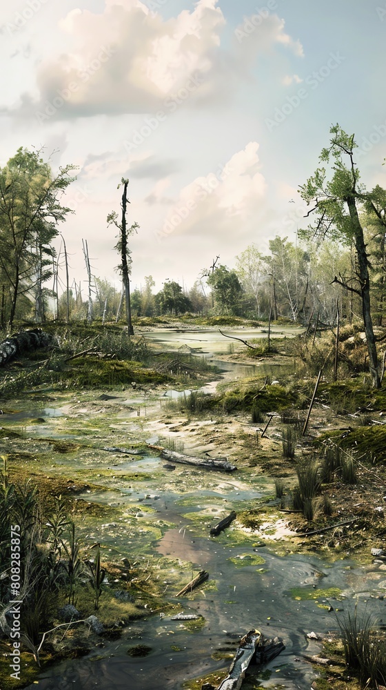 A lone path through a desolate forest. The trees are dead and the ground is covered in a thick layer of moss. The only sound is the wind rustling through the leaves.