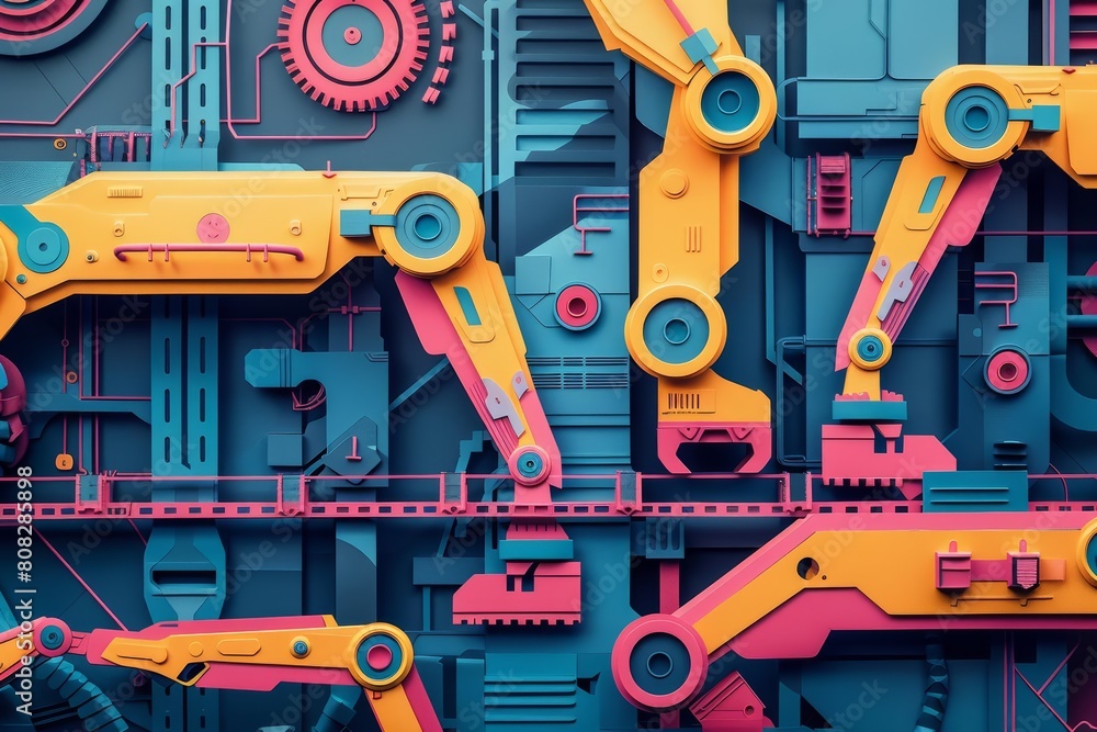 Paper cut design of a robotic assembly line, showcasing the synergy between technology and creativity, in cyberpunk 80s color, illustration template Paper cut design of a robotic assembly line, showcasing the synergy between technology and creativity, in cyberpunk 80s color, illustration template
