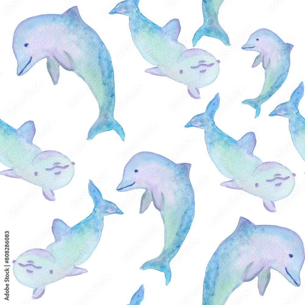 two dolphins with different angles and emotions seamless pattern watercolor illustration isolated on white background basis for design of tableware fabrics notepads and notebooks. two dolphins with different angles and emotions seamless pattern watercolor illustration isolated on white background basis for design of tableware fabrics notepads and notebooks.