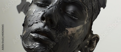 A close-up portrait of a human face covered in black oil. The face is expressionless and the eyes are closed. The image is dark and moody. photo