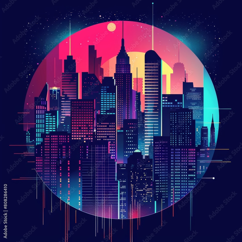 Obraz premium Show Colorful Glow HUD icon of a bustling city, capturing the vibrant life of urban dwellers, illustrated in minimal styles, synth wave