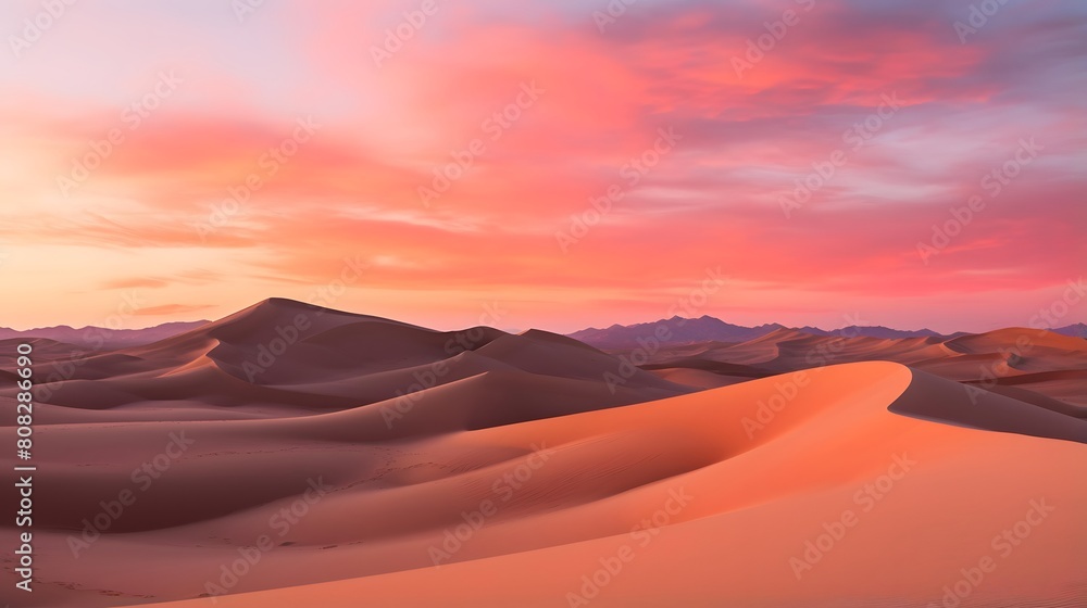 Sand dunes in the desert at sunset, panoramic view