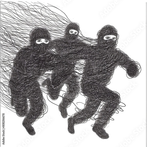 Three male silhouettes running forward. The image is black and white. Illustration for varied design.. © Login