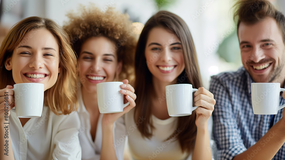 Group of Happy Friends Enjoying Coffee Together in Bright Cafe Setting Group of Happy Friends Enjoying Coffee Together in Bright Cafe Setting