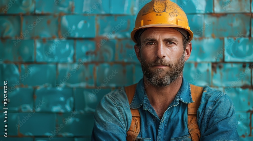 Man With Beard in Hard Hat and Overalls Man With Beard in Hard Hat and Overalls