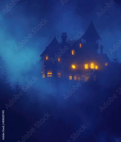 A foggy night scene with the silhouette of an old house illuminated by yellow lights