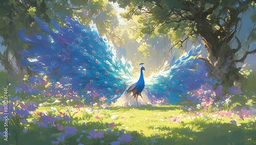 A beautiful oil painting of an elegant peacock with vibrant blue feathers, displaying its long tail photo