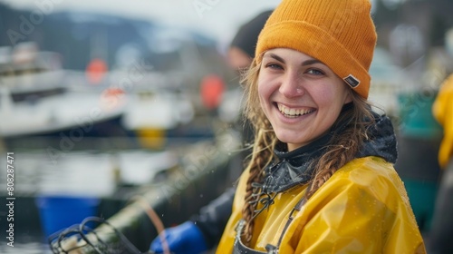 Portrait of female owner on sturgeon farm fish photo