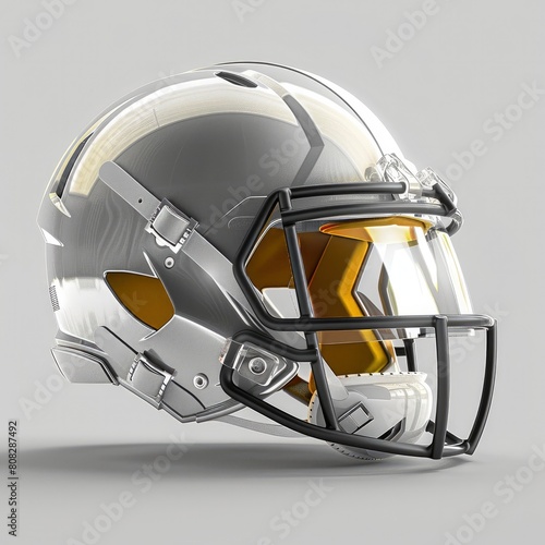 A football helmet design with sleek metallic finish on white background
