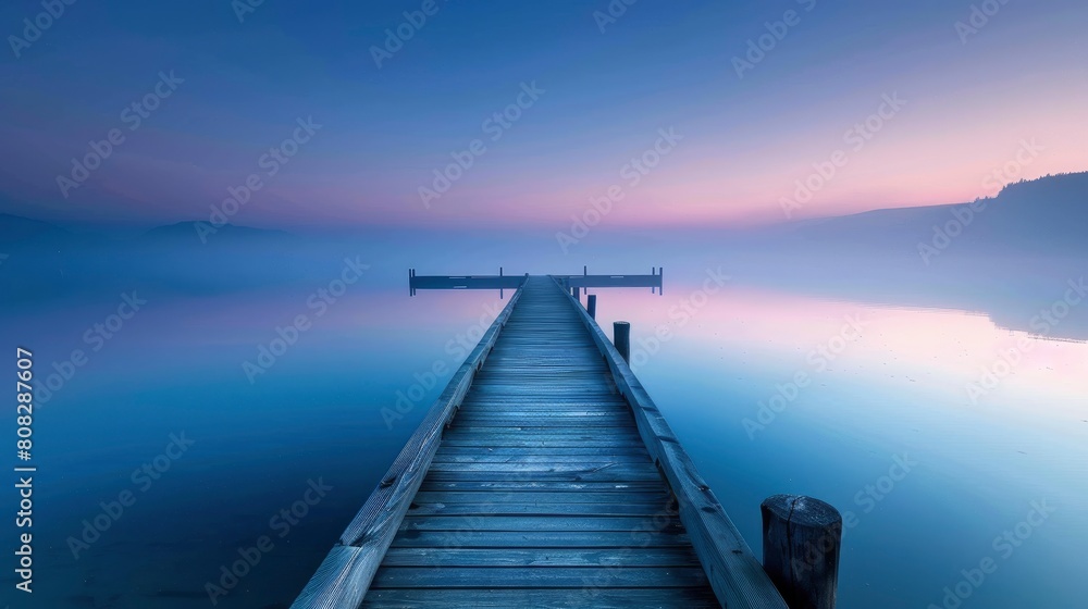 A long wooden pier extends into the calm blue lake at dawn