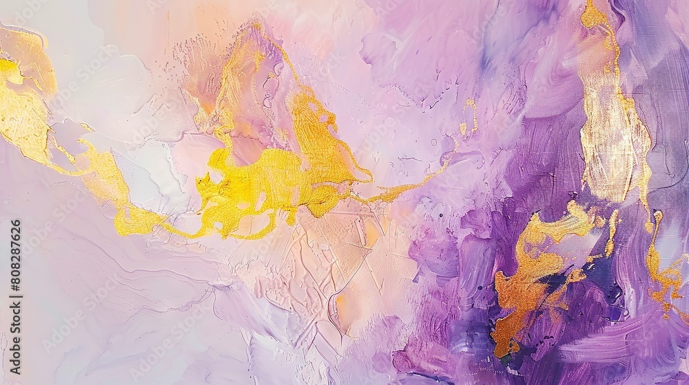   A close-up of a painting featuring yellow and purple designs on both the top and bottom