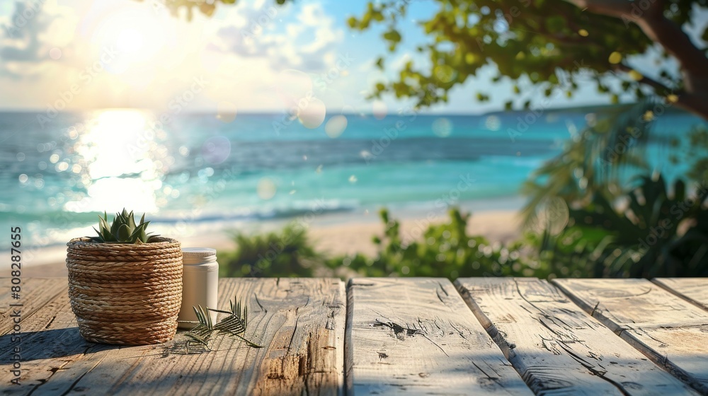 Naklejka premium Wooden Table Overlooking Ocean