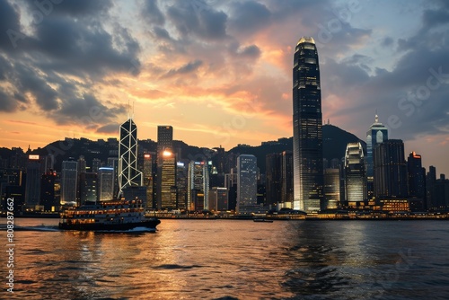 The iconic skyline of Hong Kong at dusk  Overcast Sunset Skyline of Hong Kong  Ai generated
