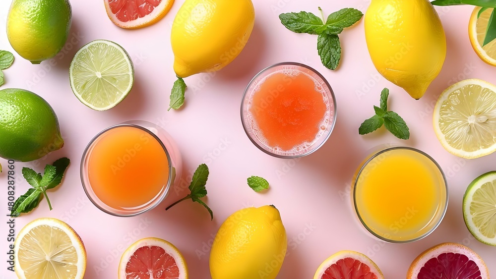 Top view of citrus juices with lemons and limes on pink background. Concept Food Photography, Citrus Fruits, Top View, Pink Background, Refreshing Drinks