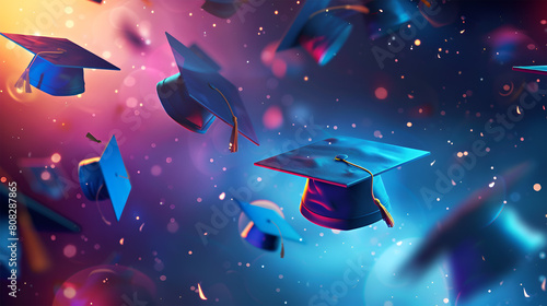 Holographic graduation caps floating above ,futuristic background photo