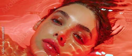 Elevate your publication with a captivating close-up of a womans serene face emerging from water The play of colorful oils in the serfs adds an artistic touch against a solid paste
